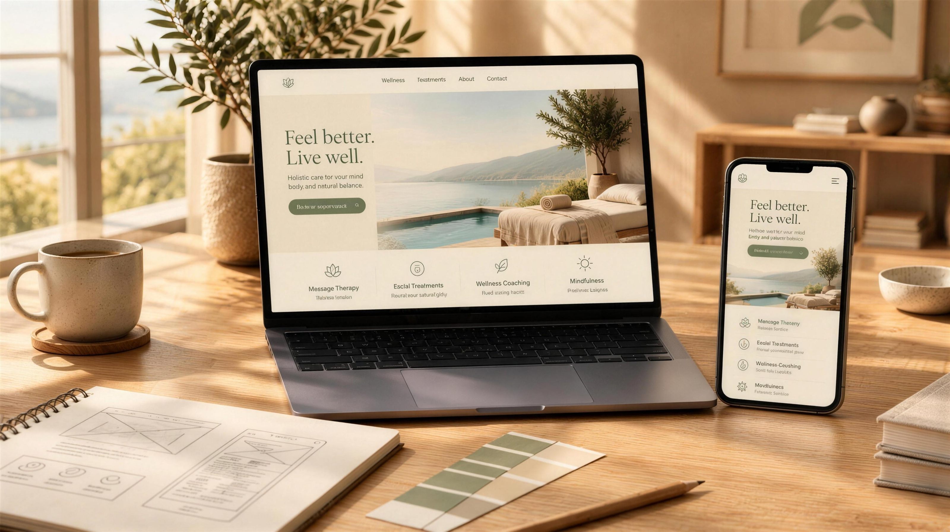 A laptop and phone on a warm oak desk in a sunlit design studio, both showing a calm spa website designed by MMC