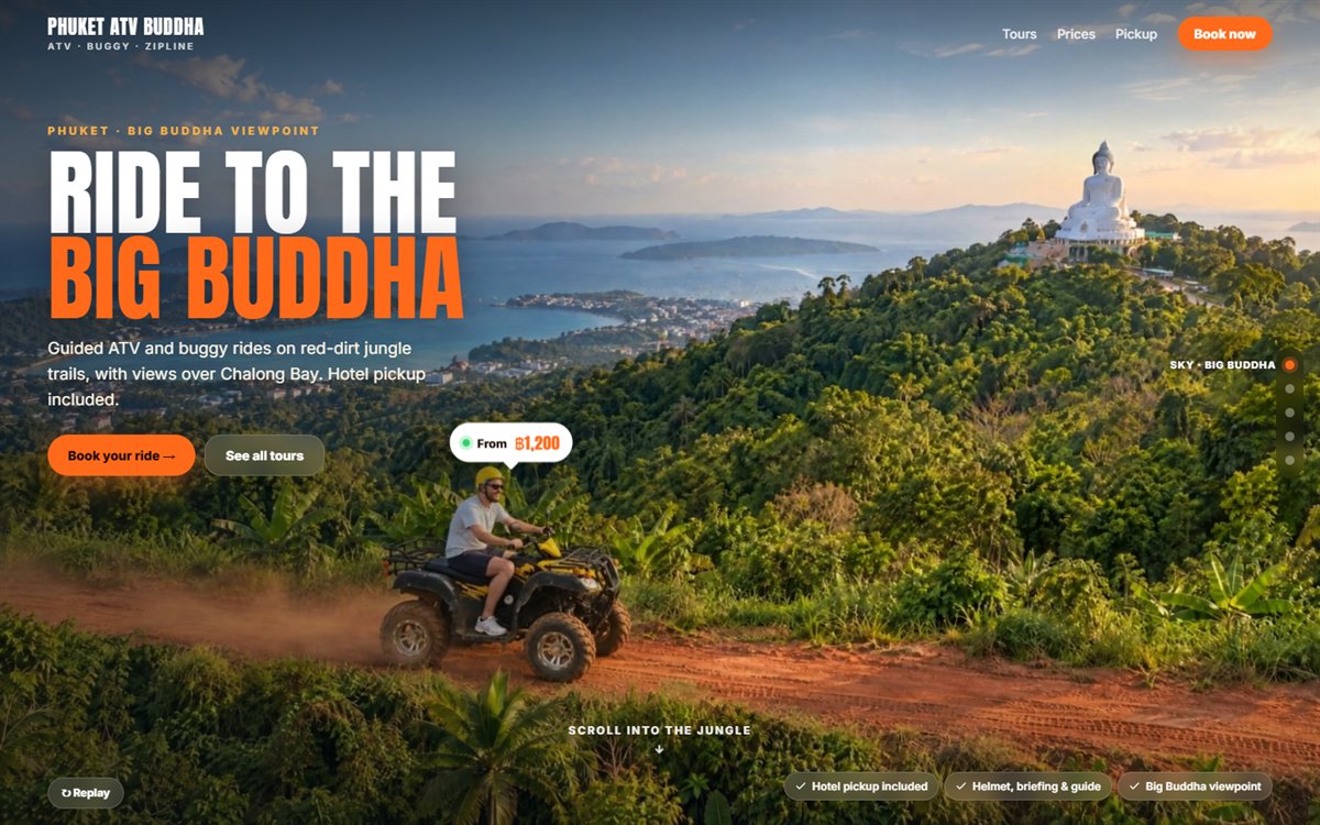 Landing page of the Phuket ATV Buddha website: the headline Ride to the Big Buddha beside a rider on a quad bike, with the Big Buddha statue above the bay