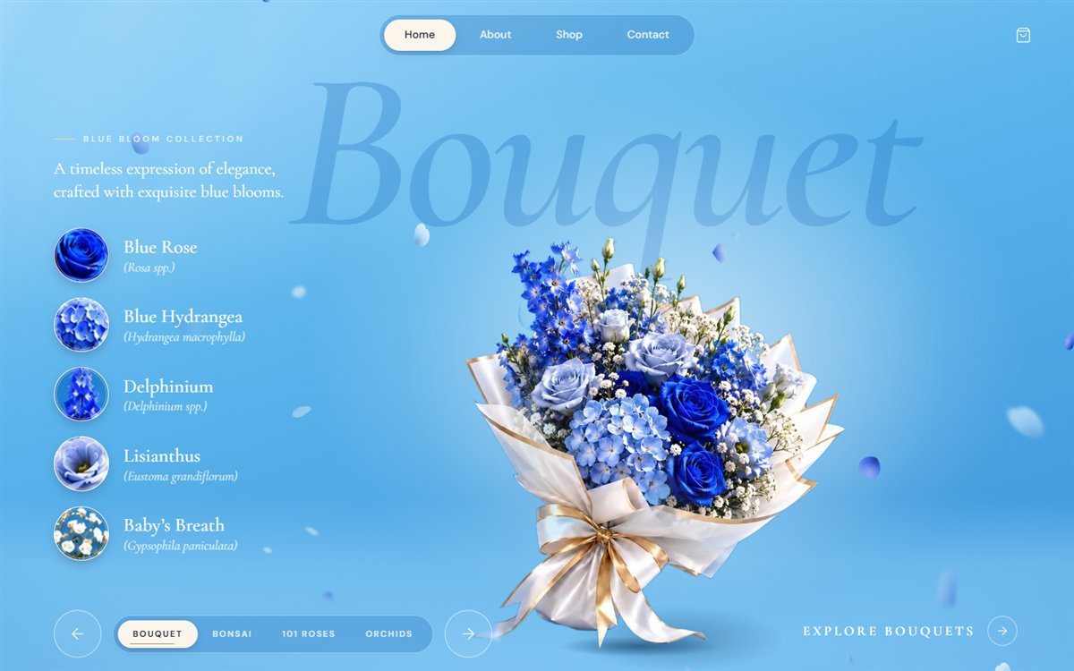 Landing page of the Flowers Mai website: a blue bouquet in front of a large Bouquet headline, with the flower names listed beside it