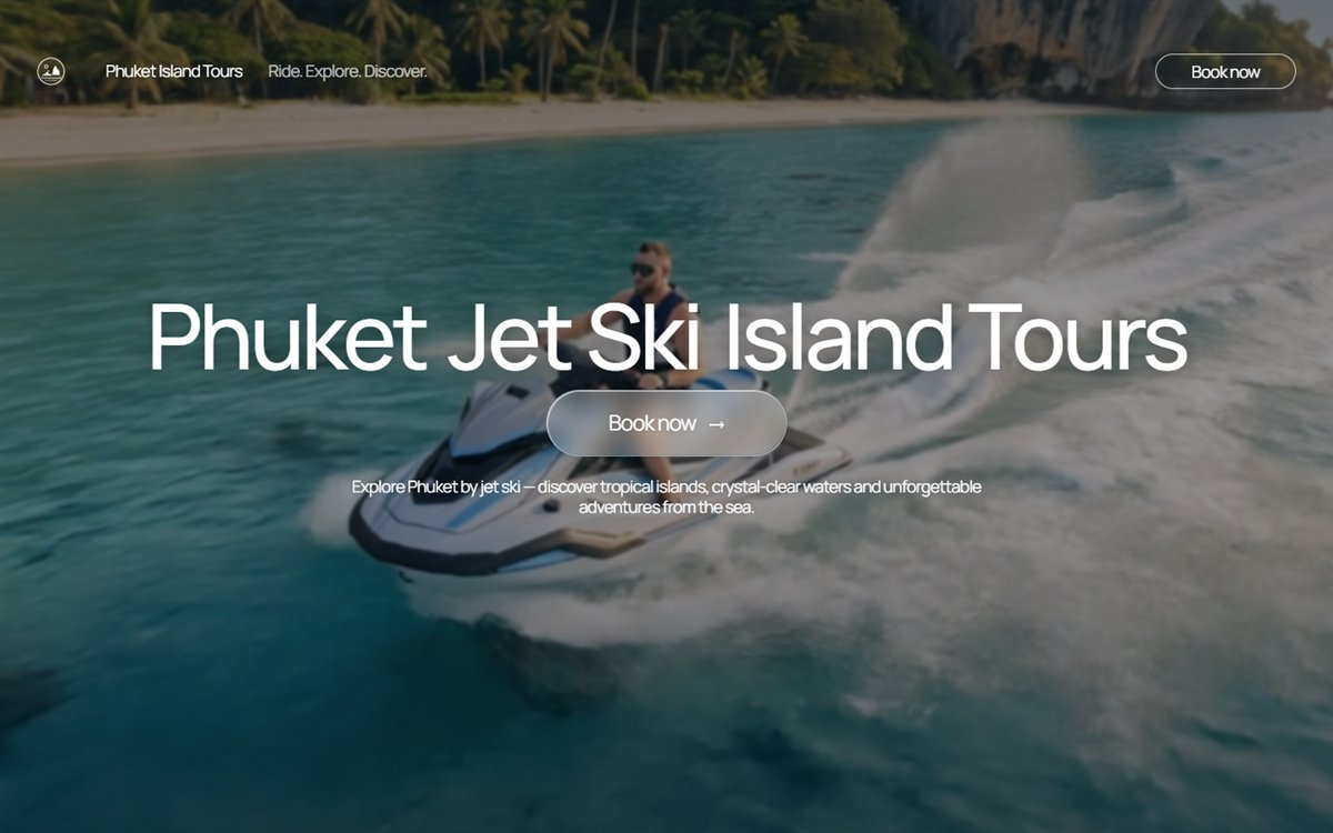 Landing page of the Phuket Jet Ski Island Tours website: the headline over a video of a rider on a jet ski in turquoise water
