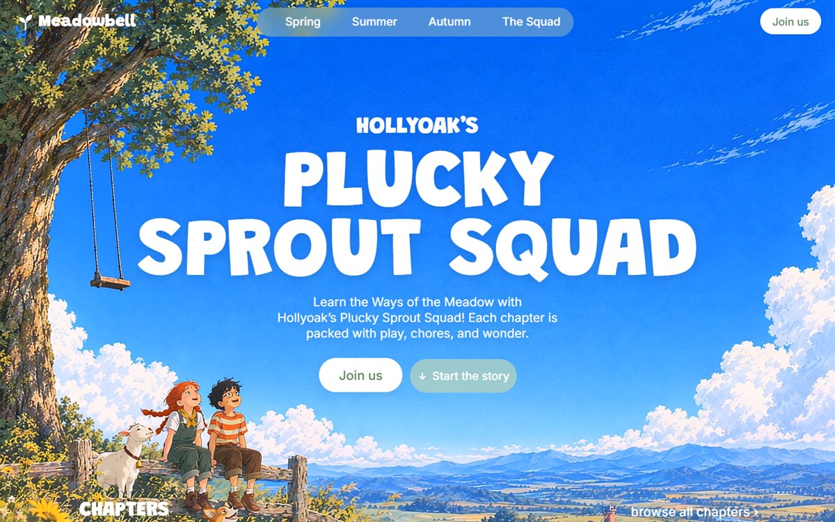 Landing page of the Meadowbell website: the title Hollyoak's Plucky Sprout Squad over an illustrated meadow with two children