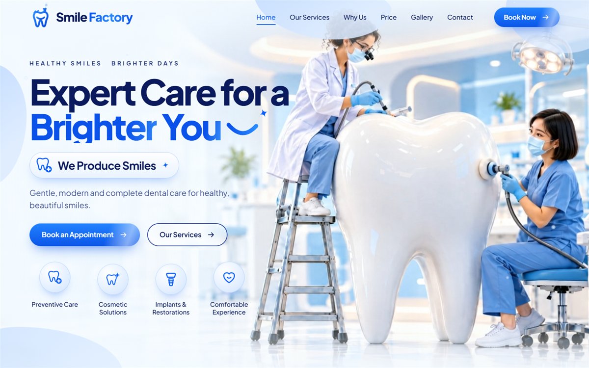 Landing page of the Smile Factory dental clinic website: the headline Expert Care for a Brighter You beside two dentists polishing a giant tooth