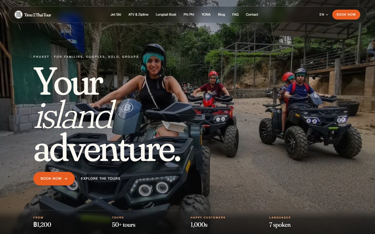 Landing page of the Time 2 Thai Tour website: the headline Your island adventure over riders on quad bikes, with tour stats along the bottom